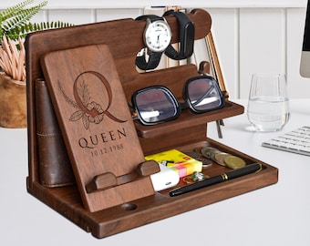Personalized Gifts for Alphabet Name with Flower - Wood Phone Docking Station, Nightstand Organizer, Gift Ideas for Anniversary, Xmas Gifts