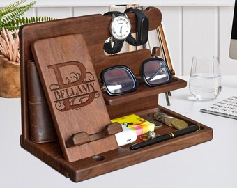 Personalized Gifts for Alphabet Name 2 - Wood Phone Docking Station, Nightstand Organizer, Gift Ideas for Anniversary,Birthday Gifts for Men