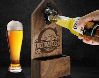 Custom Alphabet Name Beer Opener Men Gift: Wall Mounted Bottle Opener with Cap Catcher Beer, Perfect Gifts for HIm, Husband, Dad and Grandpa