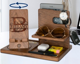Personalized Gifts for Alphabet Name 2 - Wood Phone Docking Station, Nightstand Organizer, Gift Ideas for Anniversary,Birthday Gifts for Men
