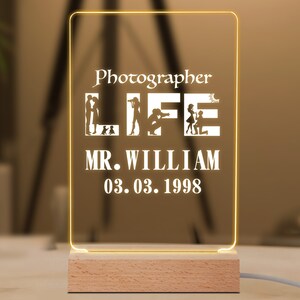 Photographer Gift, Custom Acrylic Night Light, Bedroom Decor Lights, Photography Gift, Camera Lover Gift, Birthday Gift, Valentines Day Gift
