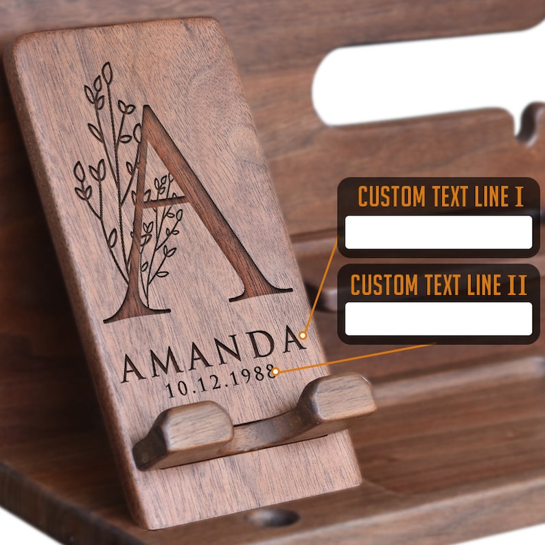 Personalized Gifts for Alphabet Name - Wood Phone Docking Station, Nightstand Organizer, Gift Ideas for Anniversary, Birthday Gifts for Men