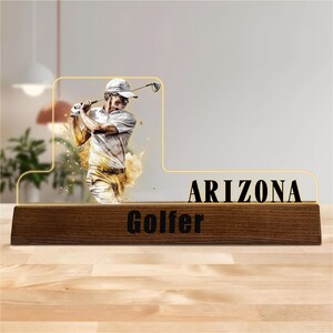 Customized Golf Desk Name Plate, Golfing Club Acrylic Nameplate with Wooden Base, Golfer Desk Decor, Office Desk Name Plate, Gift for Golfer