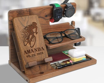 Personalized Gift for Cyclist, Custom Engraved Phone Stand for Cyclist, Docking Station Organizer, Cycling Gift for Men, Father's Day Gift