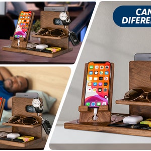 Personalized Gifts for Alphabet Name - Wood Phone Docking Station, Nightstand Organizer, Gift Ideas for Anniversary, Birthday Gifts for Men