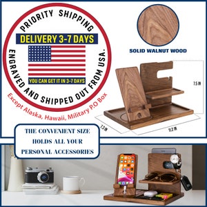 Personalized Gifts for Alphabet Name - Wood Phone Docking Station, Nightstand Organizer, Gift Ideas for Anniversary, Birthday Gifts for Men
