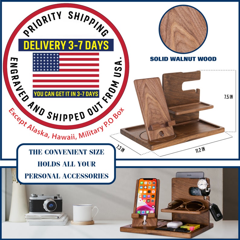 Personalized Gifts for Alphabet Name - Wood Phone Docking Station, Nightstand Organizer, Gift Ideas for Anniversary, Birthday Gifts for Men