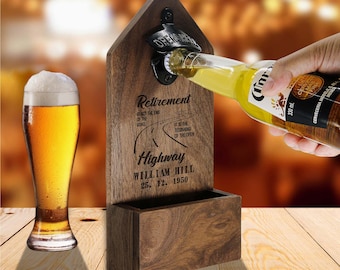 Personalized Retirement Gift for Beer Lover, Beer Bottle Opener, Bottle Wall Mount With Cap Catcher, Coworker Retirement Gift, Retired Gift