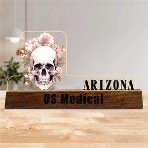 Customized Skull Desk Name Plate, Acrylic Desk Name Plate with Wooden Base, Desk Name LED Light, Doctor Gift/Medical Gift/Anatomical Skull
