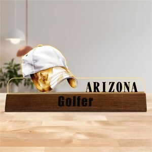 Custom Desk Name Plate for Golfer, Personalized Golfing Club Nameplate, Office Name Sign, Golfer Gift, Acrylic Name Plate with Wooden Base
