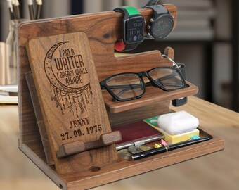 Custom Desk Organizer Gift for Writers, Docking Station, Writer Anniversary Gift, Writer Christmas/Birthday Gift, Personalized Writer Gift