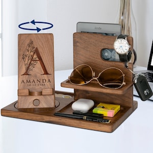 Personalized Gifts for Alphabet Name - Wood Phone Docking Station, Nightstand Organizer, Gift Ideas for Anniversary, Birthday Gifts for Men