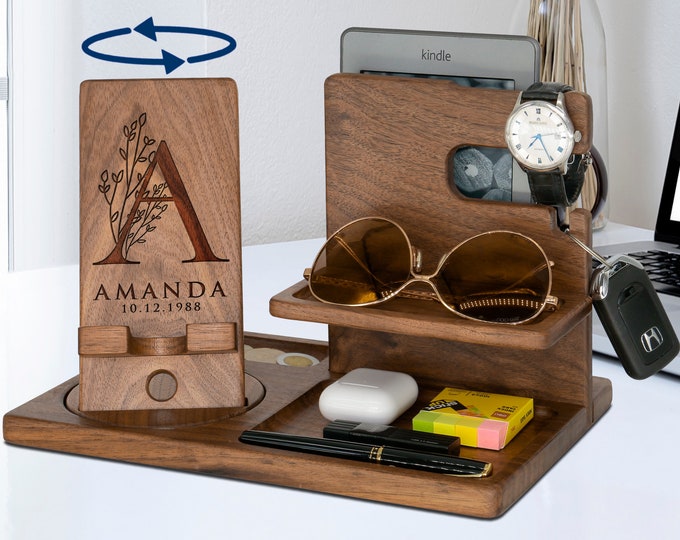 Personalized Gifts for Alphabet Name with Flower- Wood Phone Docking Station, Phone Stand, Nightstand Organizer, Anniversary Gift for Women