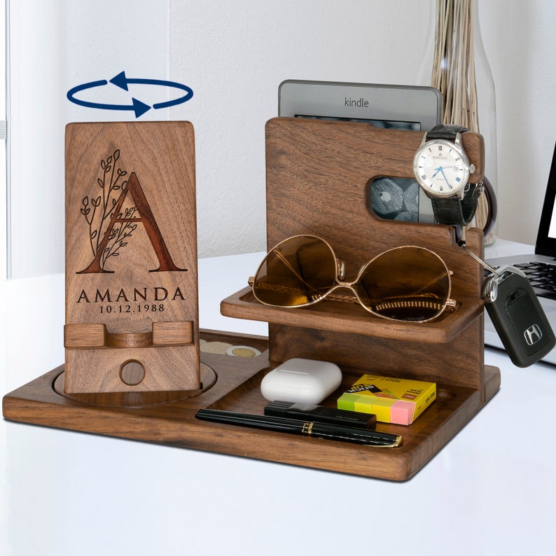 Personalized Gifts for Alphabet Name - Wood Phone Docking Station, Nightstand Organizer, Gift Ideas for Anniversary, Birthday Gifts for Men