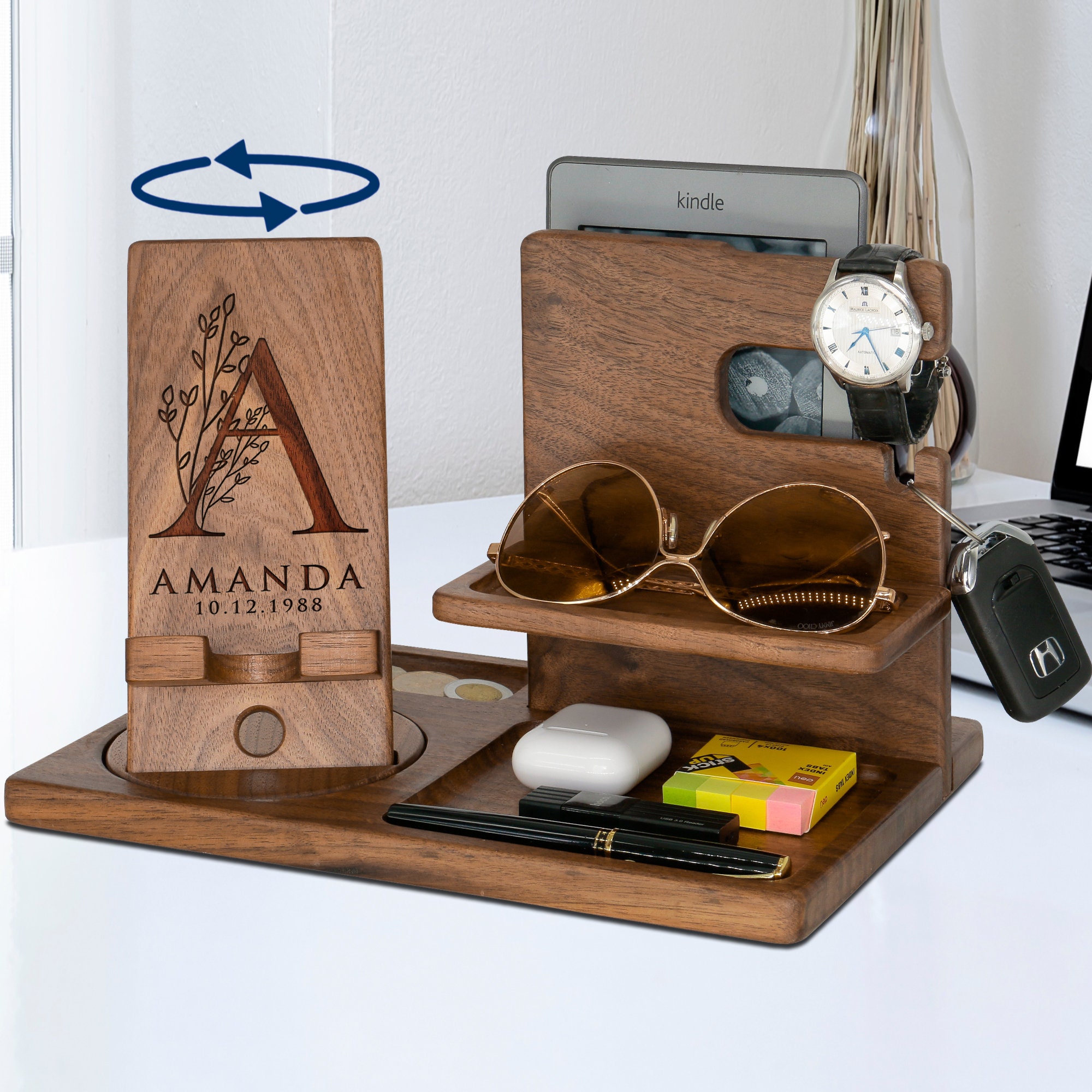 Personalized Gifts for Alphabet Name with Flower- Wood Phone Docking Station, Phone Stand, Nightstand Organizer, Anniversary Gift for Women