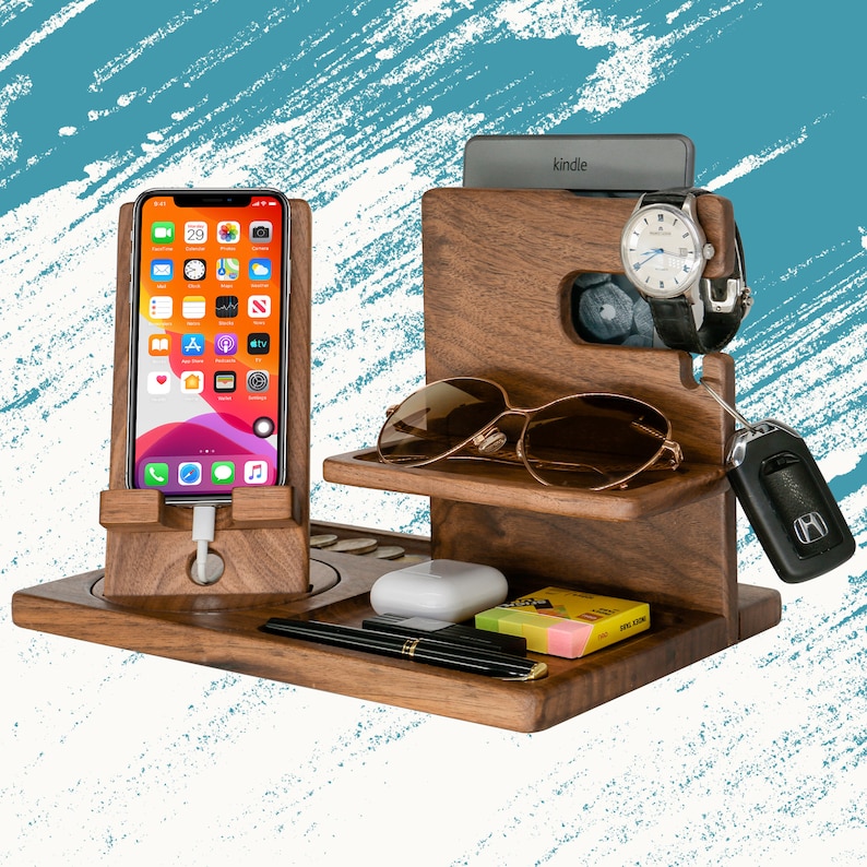 Personalized Gifts for Alphabet Name - Wood Phone Docking Station, Nightstand Organizer, Gift Ideas for Anniversary, Birthday Gifts for Men