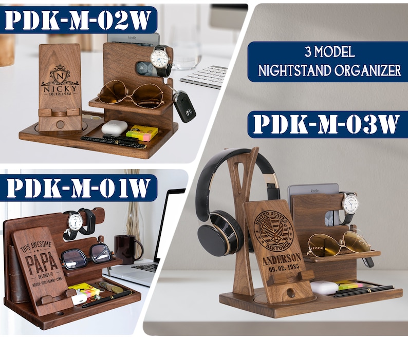 Personalized Gifts for Alphabet Name - Wood Phone Docking Station, Nightstand Organizer, Gift Ideas for Anniversary, Birthday Gifts for Men