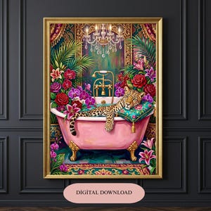 Maximalistiskt Leopardbadtryck, Exotisk Boho Rosa Badkarsväggkonst (Digital Nedladdning)