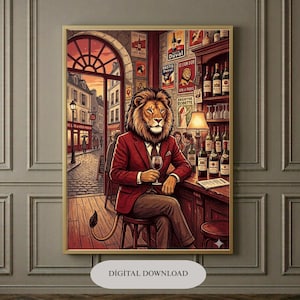 Può includere: Una stampa artistica digitale incorniciata raffigura un leone con una giacca rossa e cravatta, seduto a un bar, con in mano un calice di vino. La scena del bar include bottiglie, manifesti e una vista di una strada europea. L'opera d'arte ha uno stile vintage e illustrativo.
