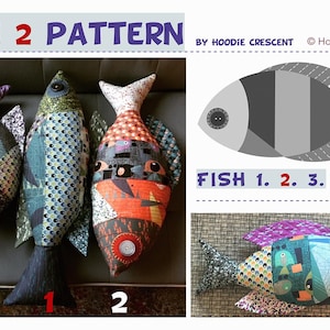 Puede incluir: Un patrón de costura titulado FISH 2 PATTERN de Hoodie Crescent que muestra tres peces de tela rellenos con diversos textiles geométricos y estampados. La imagen incluye diagramas, etiquetas y dimensiones de 33 cm por 58 cm y 27 cm por 48 cm.