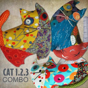 Puede incluir: Una colección de almohadas hechas a mano con forma de gato y diseños de patchwork. Cada almohada presenta una combinación única de telas coloridas, botones para los ojos y bigotes bordados. El texto "CAT 1.2.3 COMBO" se muestra en la parte inferior.