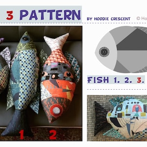 Puede incluir: Un patrón de costura para tres diseños de peces diferentes. El patrón incluye instrucciones para hacer un pez con un patrón geométrico, un pez con un patrón colorido y un pez con un patrón gris simple. El patrón se amplía a 11,5 pulgadas por 18 pulgadas y 10,5 pulgadas por 15 pulgadas.