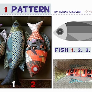 May include: Three colorful fish pillows with patchwork fabric designs. The pillows are labeled 1, 2, and 3. A black and white line drawing of a fish is shown above the pillows. The text "FISH 1. 2. 3." is below the drawing. The text "Enlarged 250% 9.5" x 23" is below the text "FISH 1. 2. 3."