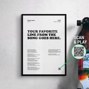 Stampa personalizzata del testo della canzone con cornice, Scansiona e riproduci musica da parete, versi preferiti della canzone, poster con testo personalizzato, regali per ogni occasione