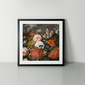 May include: A still life painting depicting a selection of colourful flowers in a vase. The flowers include red, pink, white and blue blooms. The background is a dark green.