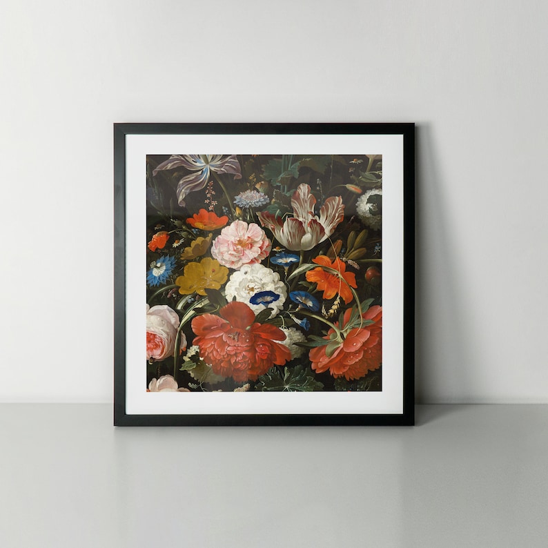 May include: A still life painting depicting a selection of colourful flowers in a vase. The flowers include red, pink, white and blue blooms. The background is a dark green.