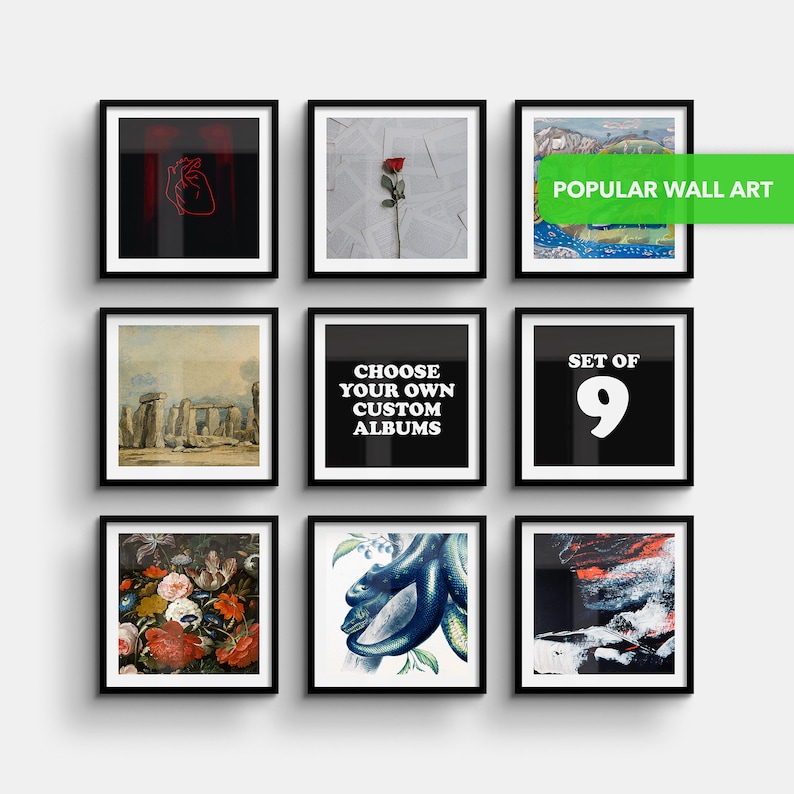 May include: Set of nine framed prints featuring various images, including a red rose, a heart, a landscape, Stonehenge, a floral still life, a blue fish, and abstract art. The text "Choose your own custom albums" and "Set of 9" are also included in the frames.