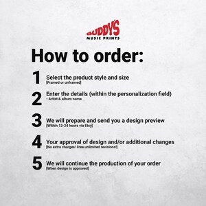 May include: A red and white graphic with the text "Buddy's Music Prints" and a five-step guide on how to order a custom music print. The steps include selecting the product style and size, entering details, receiving a design preview, approving the design, and production.