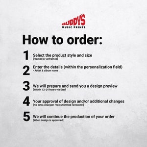 May include: White background with the text "How to order:" followed by numbered steps. The steps include selecting product style and size, entering details, design preview, design approval, and order production. The Buddy's Music Prints logo is at the top.