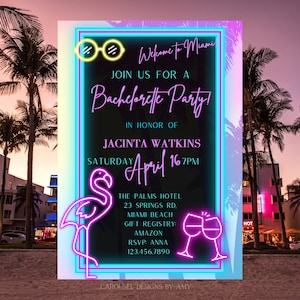 Welcome to Miami, neon Miami nights party invitation, bachelorette, hens party