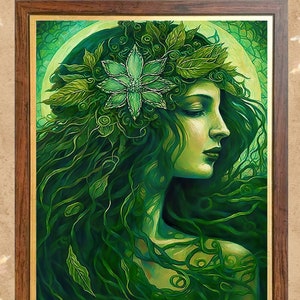 Green Goddess Gaia 8x10 Print Pagan Mythology Psychedelic Goddess Art Mythological Goddess Painting Wall Art Gift Bohemian Style Wall Decor