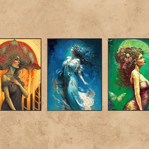 Printable Wall Art, Set of 3 Files, Bundle of Prints, 3 Goddesses, Wall Art, Pagan Mythology, Psychedelic Goddess Art, Mythological Goddess