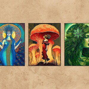 Printable Wall Art, Set of 3 Files, Bundle of Prints, 3 Goddesses, Wall Art, Pagan Mythology, Psychedelic Goddess Art, Mythological Goddess