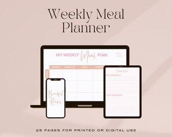 25-sidig veckovis matplanerare | Digital | Utskrivbar | Daglig matdagbok, inköpslista, måltidsplanerare, matdagbok | PDF-nedladdning A4