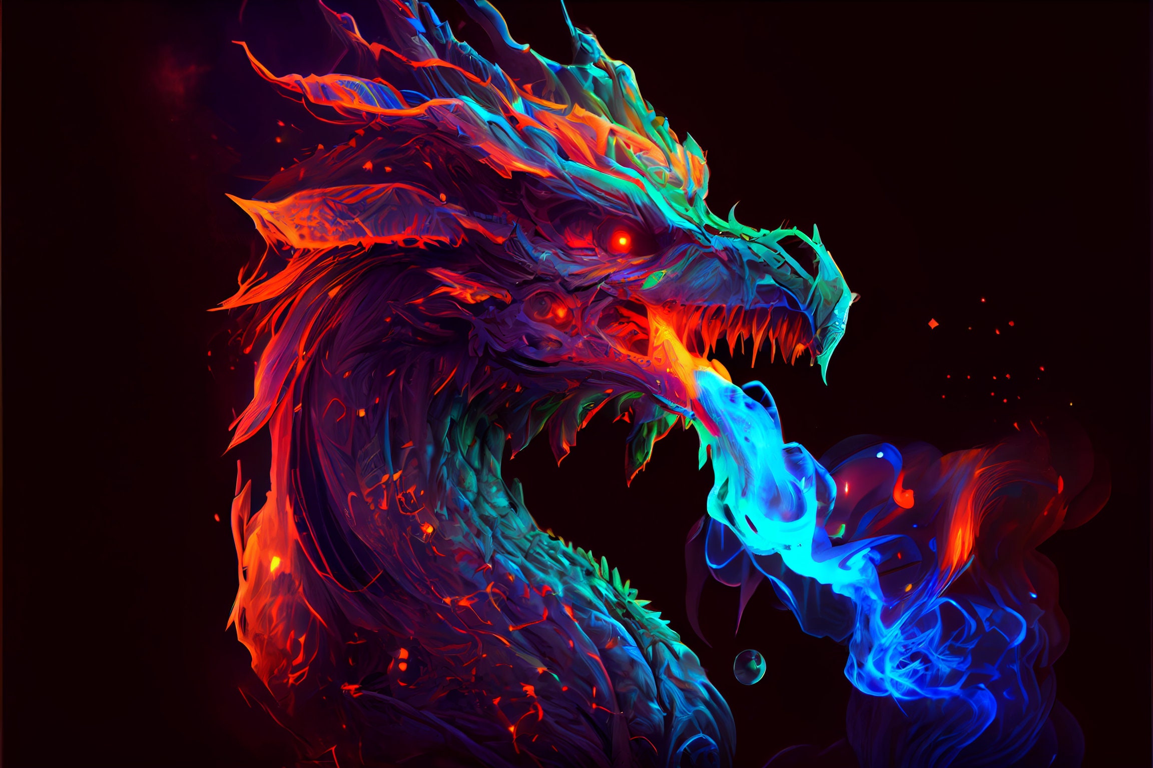 Neon Fantasy Dragon 4K, Digital Art Print, Digital Download, Home Decor