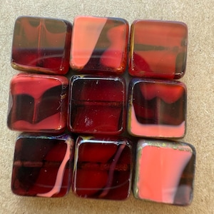 Red Streaky Picasso Czech Glass Square Beads, Miniature Tiles (Set of 9)