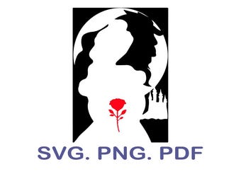 Könnte beinhalten: Schwarz-weiß Silhouette Design mit dem Profil einer Frau und eines Biests, mit einer roten Rose in der Mitte. Auf der rechten Seite befindet sich ein Schloss. Der Text "SVG. PNG. PDF" steht darunter.
