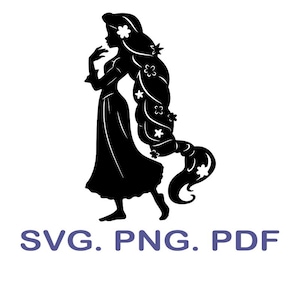 May include: Black silhouette of a woman with long, flowing hair adorned with flowers. She is wearing a dress and is in a walking pose. The text "SVG. PNG. PDF" is below the image.