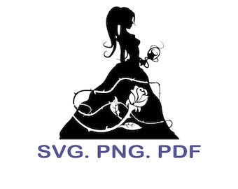 Könnte beinhalten: Schwarze Silhouette einer Frau in einem langen Kleid, verziert mit einer Rose und Dornenranken. Das Bild enthält den Text "SVG. PNG. PDF" in Dunkelblau, der Dateiformate angibt.