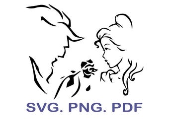Könnte beinhalten: Schwarz-weiße Strichzeichnung mit den Silhouetten einer Bestie und einer Frau, mit einer Rose dazwischen. Der Text "SVG. PNG. PDF" ist in Lila darunter dargestellt. Geeignet für verschiedene digitale Projekte.