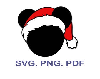May include: A black cartoon character head wearing a red and white Santa hat. The image includes the text "SVG. PNG. PDF" in purple letters, indicating file formats.