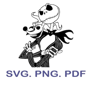 May include: Black and white illustration of Jack Skellington from The Nightmare Before Christmas. Jack is wearing a black suit with white pinstripes and a bat-shaped bow tie. The text "SVG. PNG. PDF" is below the image.
