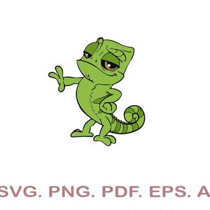 May include: A cartoon illustration of a green chameleon with brown eyes, standing with one arm raised and the other on its hip. The chameleon has a curled tail and is set against a white background. The text "SVG. PNG. PDF. EPS. AI" is at the bottom.