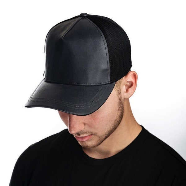 Full-Grain Horween Black Leather Trucker Hat Baseball Cap - Horween Latigo Upper - Horween Snuffed Suede Underbrim - Satin Lined - Fine Mesh