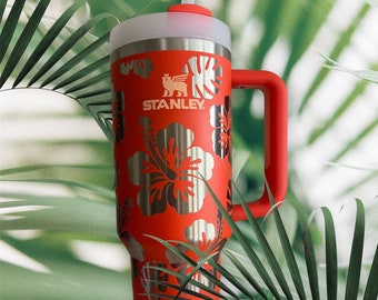 40oz Stanley Tiger lily tumbler engraved with Hibiscus flowers.  30oz Now Available!