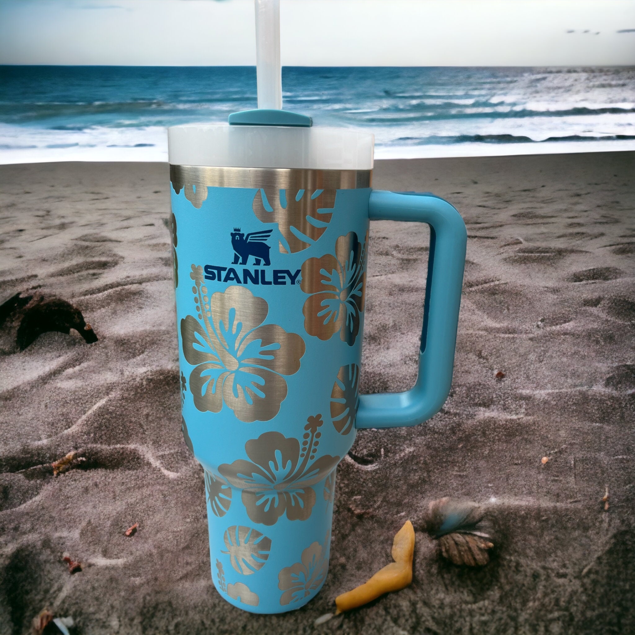 40 Oz Stanley Tiger Lily Tumbler Engraved With Hibiscus Flowers. 